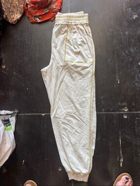 Hem & Thread White Jogger Pants with Yellow Trim